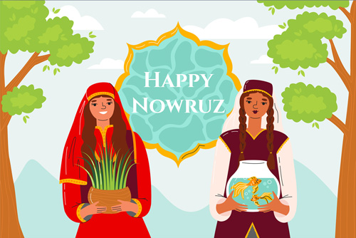 وکتور EPS و Ai لایه باز طرح گرافیکی و کارتونی دو دختر محلی در حال در دست داشتن سبزه و ماهی هفت سین ویژه عید نوروز
